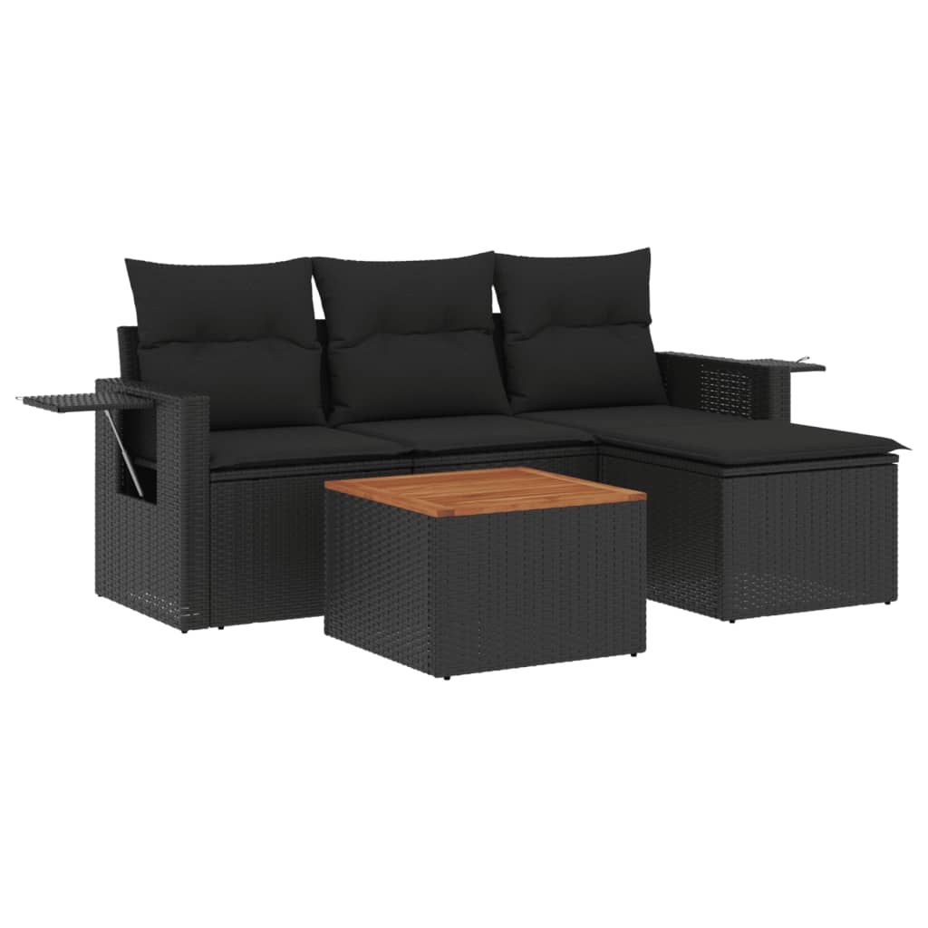 Set mobilier de grădină cu perne, 5 piese, negru, poliratan