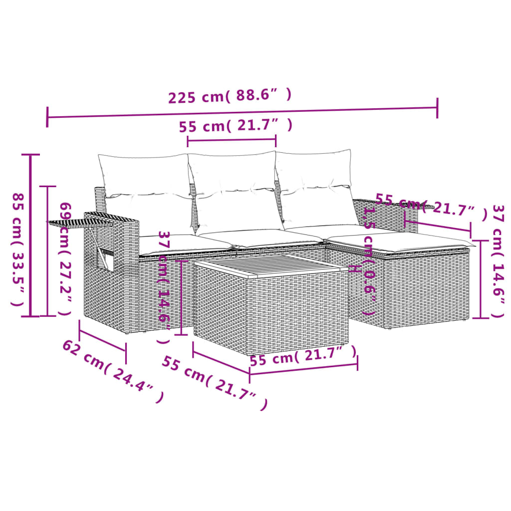 Set mobilier de grădină cu perne, 5 piese, negru, poliratan