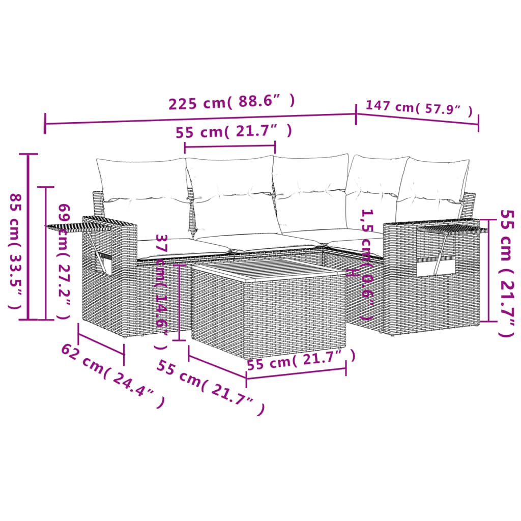 Set mobilier de grădină cu perne, 5 piese, negru, poliratan