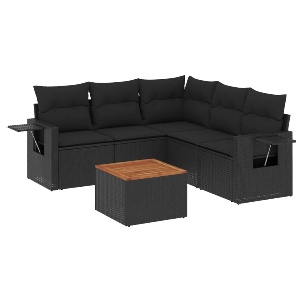 Set mobilier de grădină cu perne, 6 piese, negru, poliratan