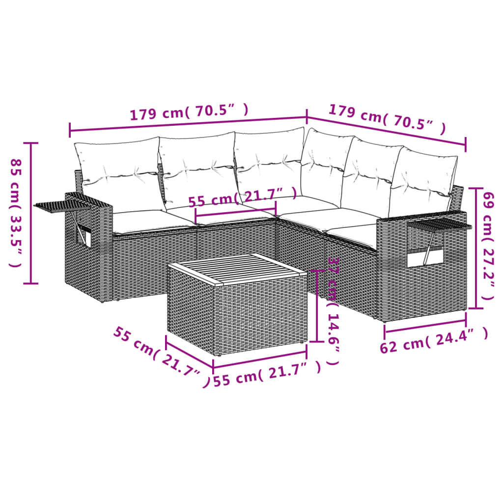 Set mobilier de grădină cu perne, 6 piese, negru, poliratan