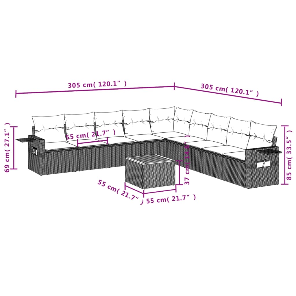 Set canapele de grădină cu perne, 10 piese, negru, poliratan