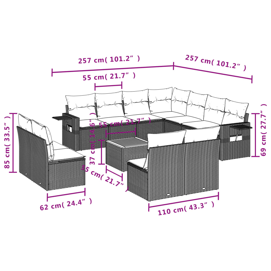 Set canapele de grădină, 12 piese, cu perne, negru, poliratan