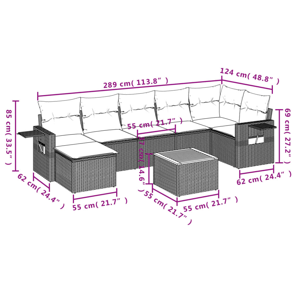 Set mobilier de grădină cu perne, 8 piese, negru, poliratan