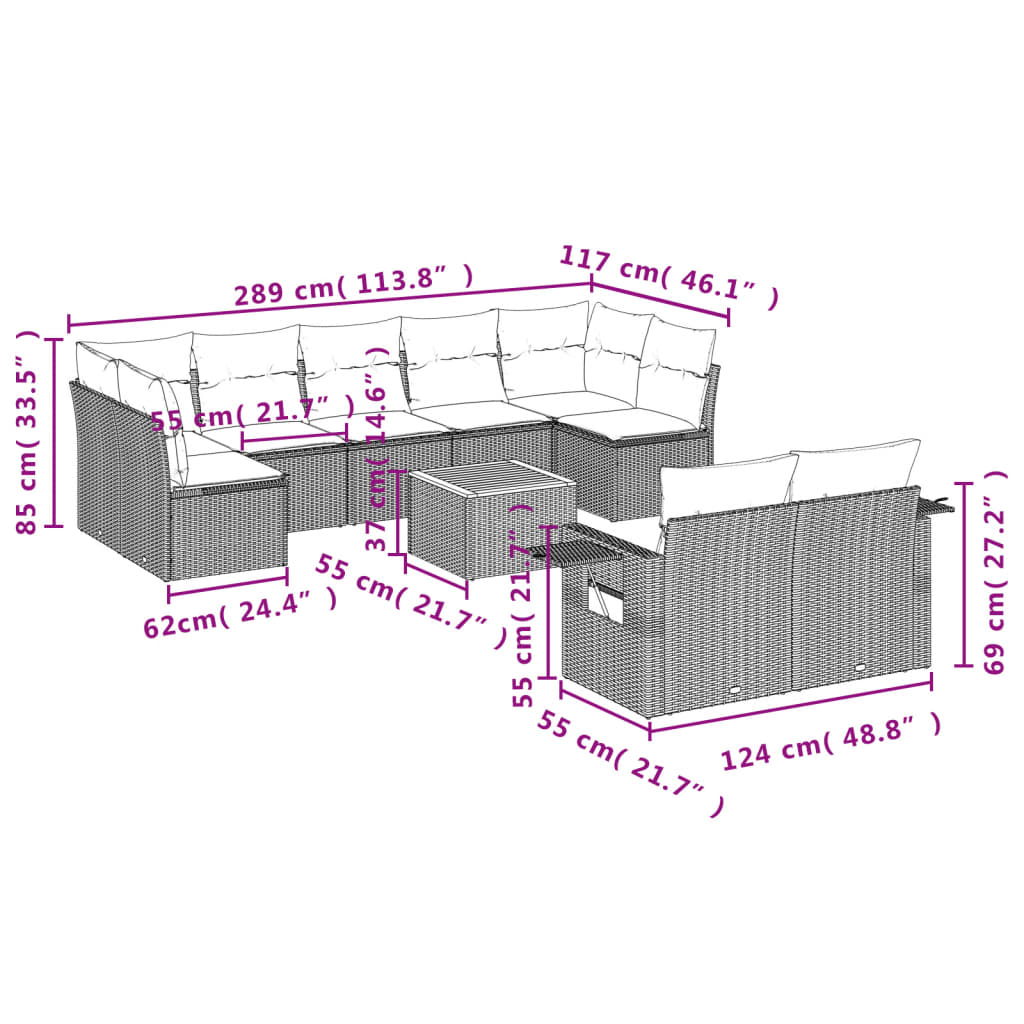 Set mobilier de grădină cu perne, 10 piese, gri, poliratan