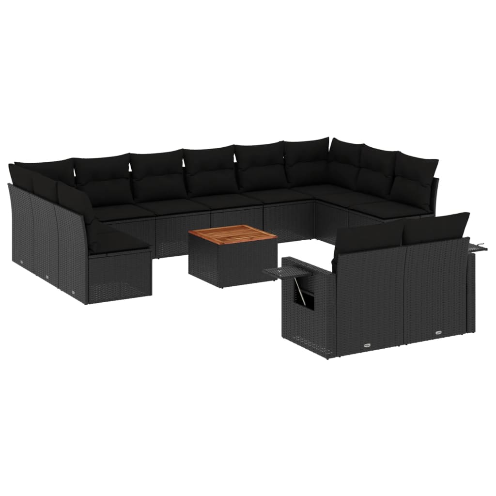 Set mobilier de grădină cu perne, 13 piese, negru, poliratan