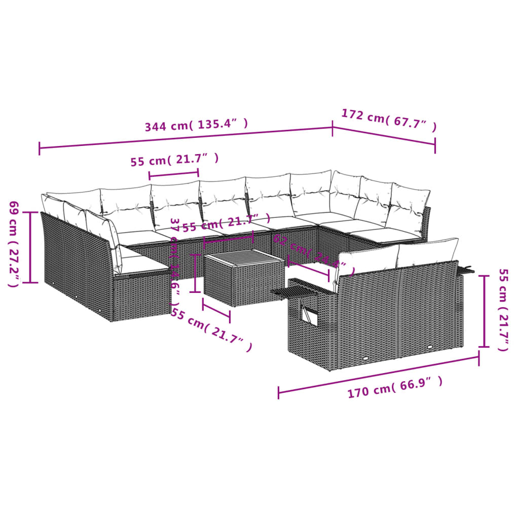 Set mobilier de grădină cu perne, 13 piese, negru, poliratan