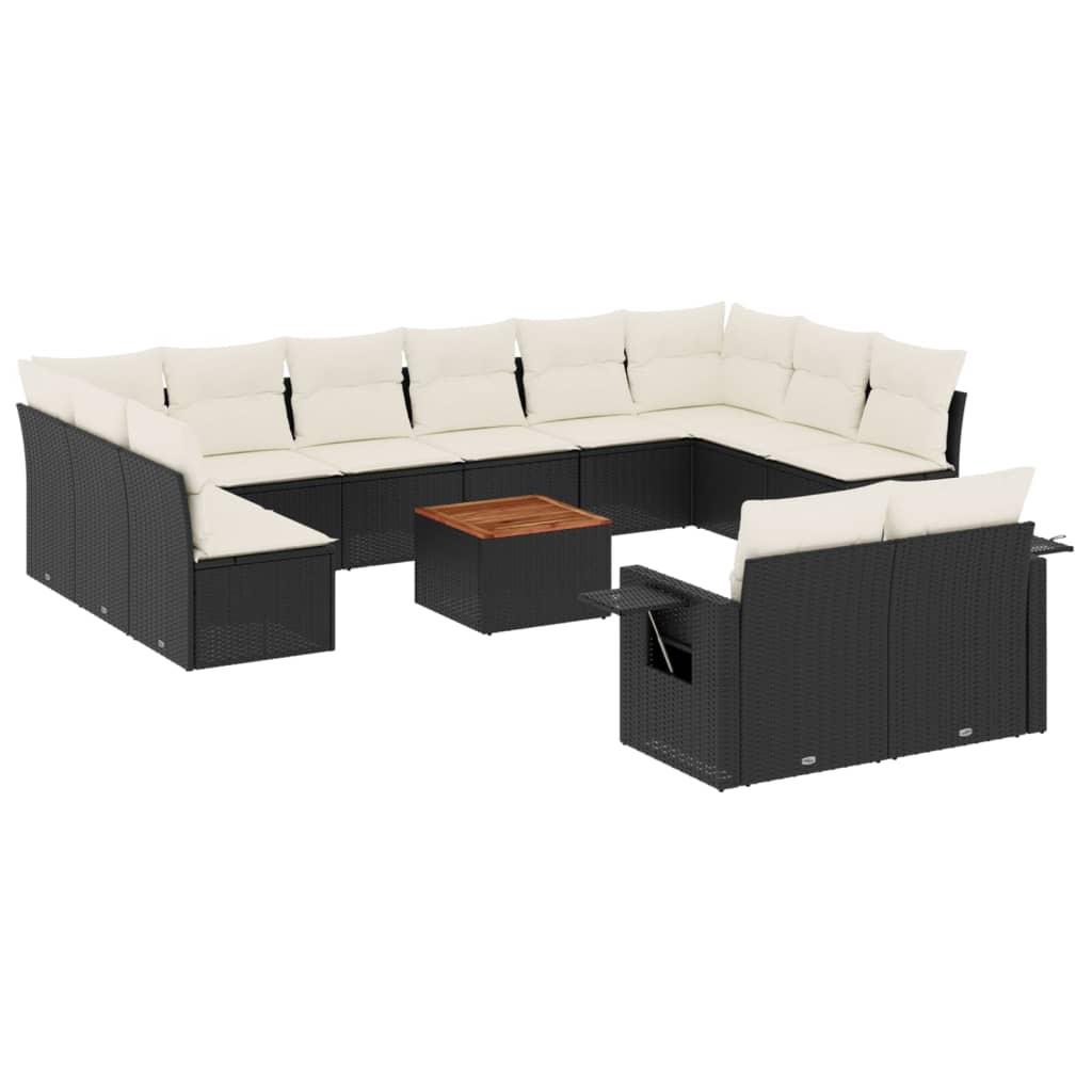 Set mobilier de grădină cu perne, 13 piese, negru, poliratan