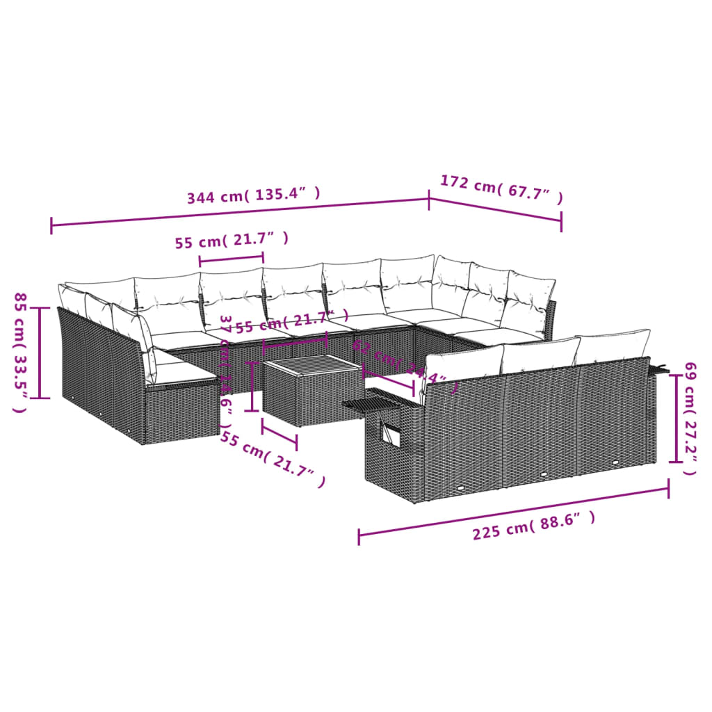 Set mobilier de grădină cu perne, 14 piese, negru, poliratan