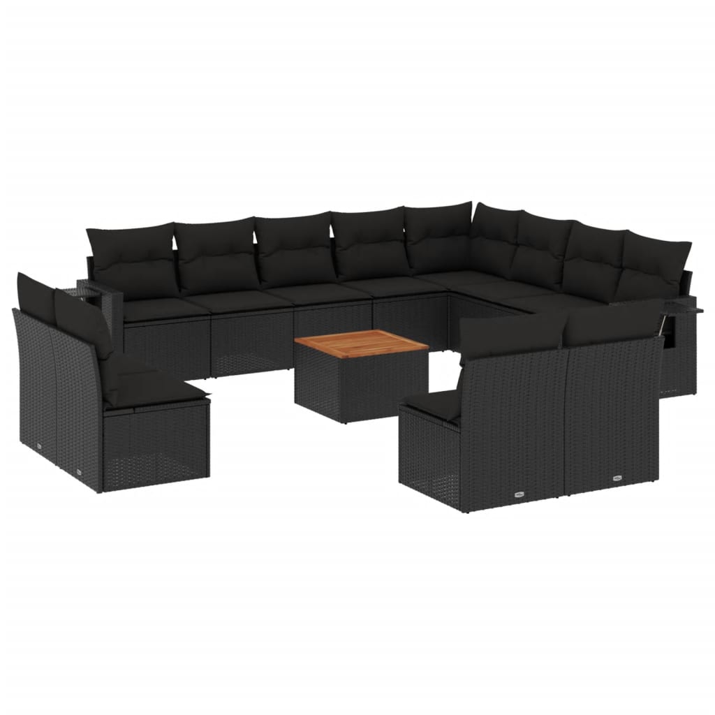 Set mobilier de grădină cu perne, 13 piese, negru, poliratan