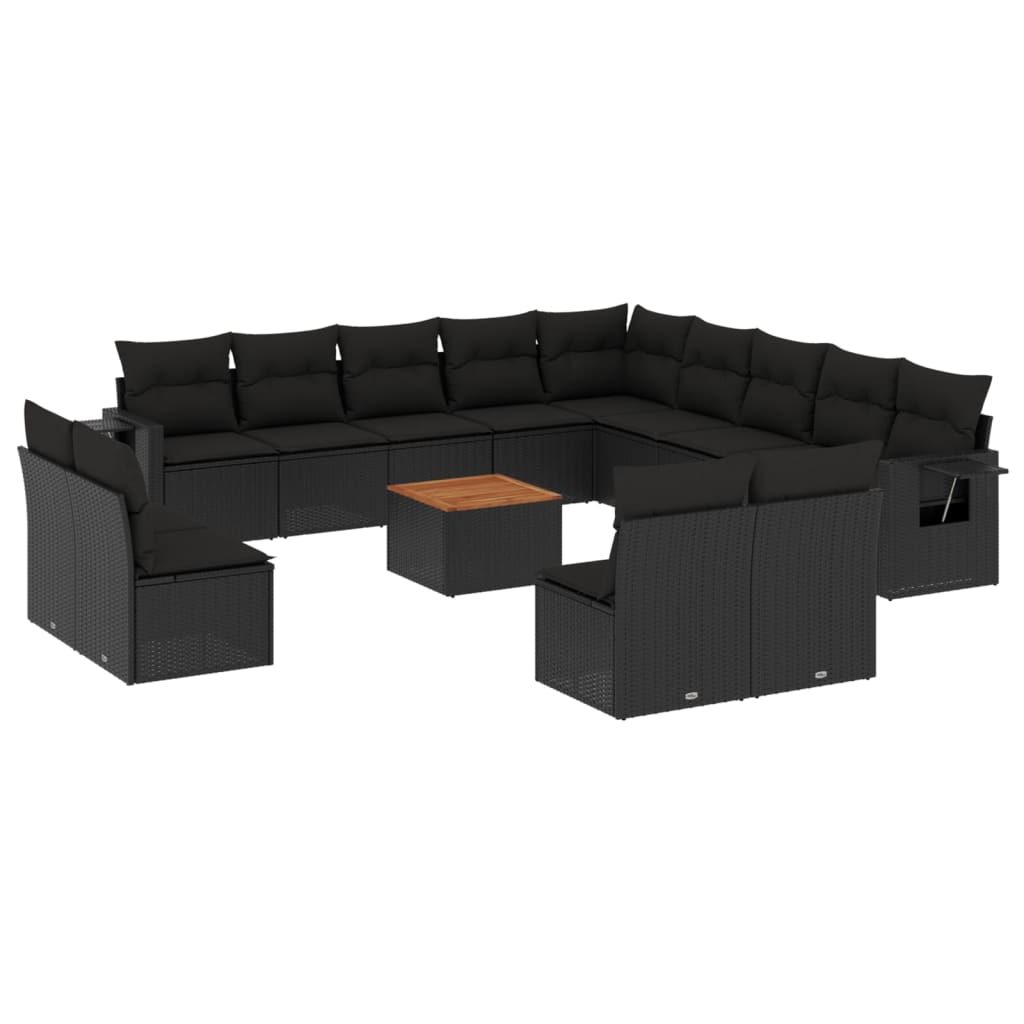 Set mobilier de grădină cu perne, 14 piese, negru, poliratan