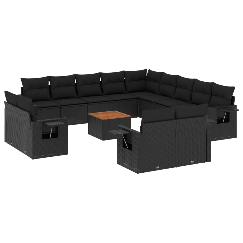 Set mobilier de grădină cu perne, 14 piese, negru, poliratan