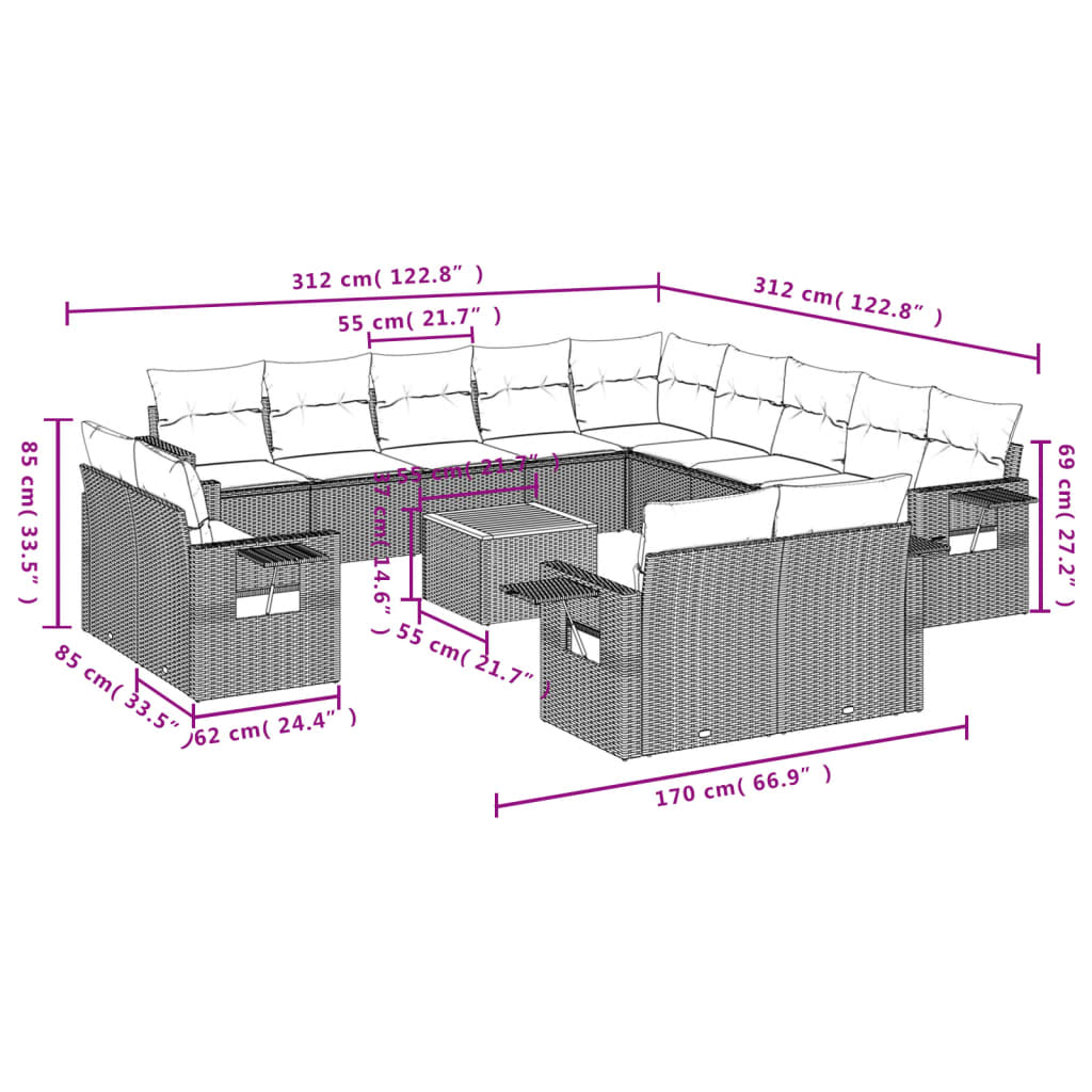 Set mobilier de grădină cu perne, 14 piese, negru, poliratan