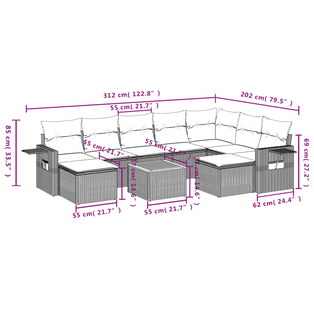 Set mobilier de grădină cu perne, 10 piese, gri, poliratan