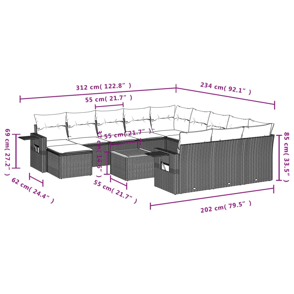 Set mobilier de grădină cu perne, 13 piese, negru, poliratan