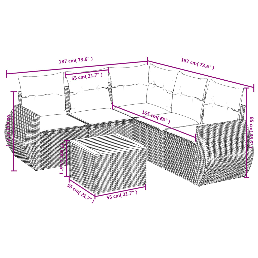 Set mobilier grădină cu perne, 6 piese, gri, poliratan