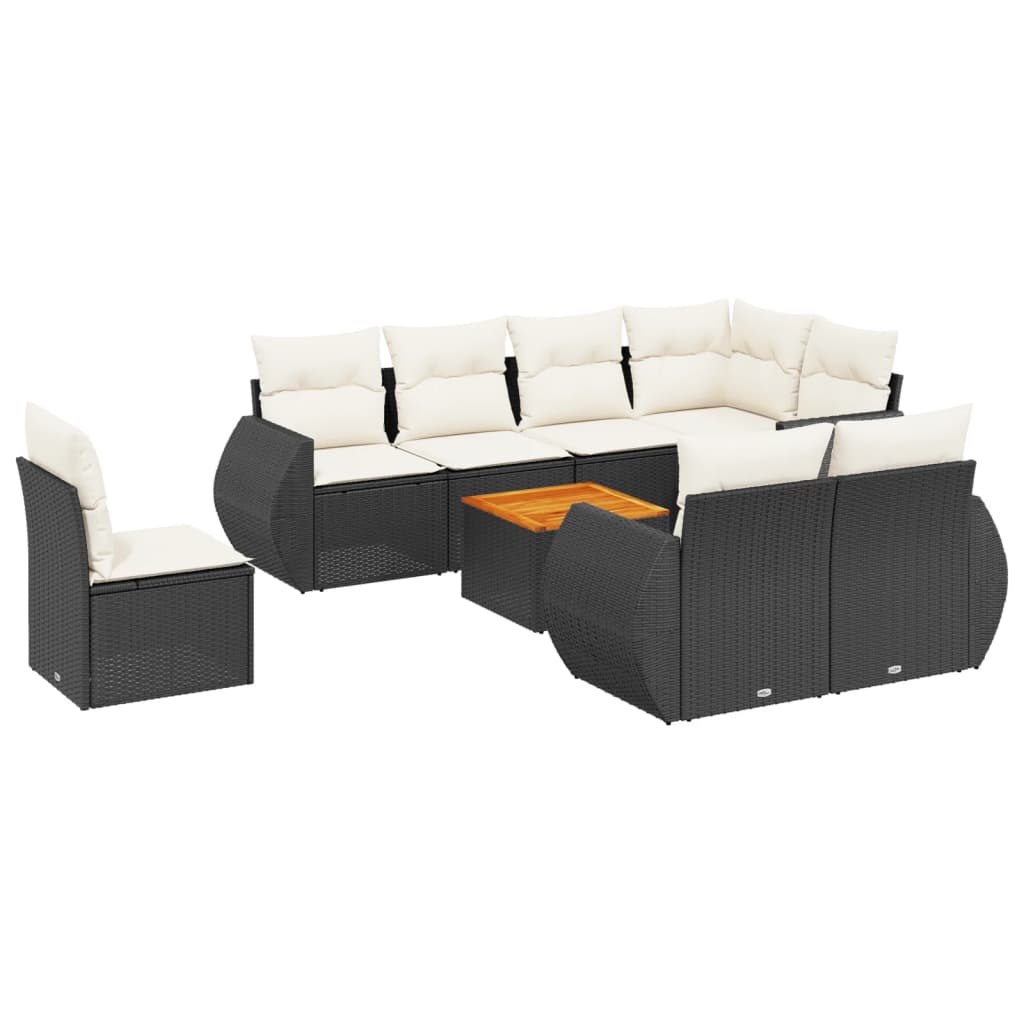 Set mobilier de grădină cu perne, 9 piese, negru, poliratan