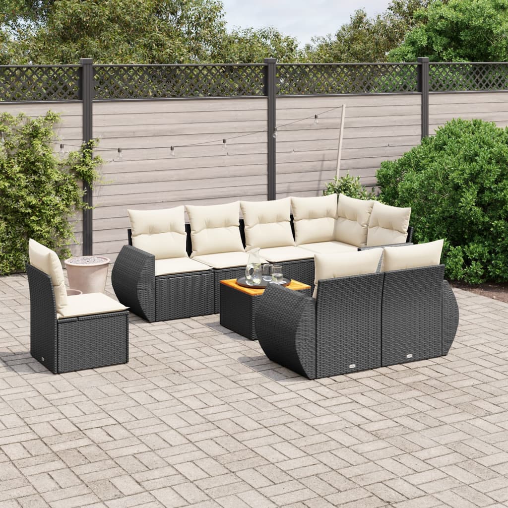 Set mobilier de grădină cu perne, 9 piese, negru, poliratan