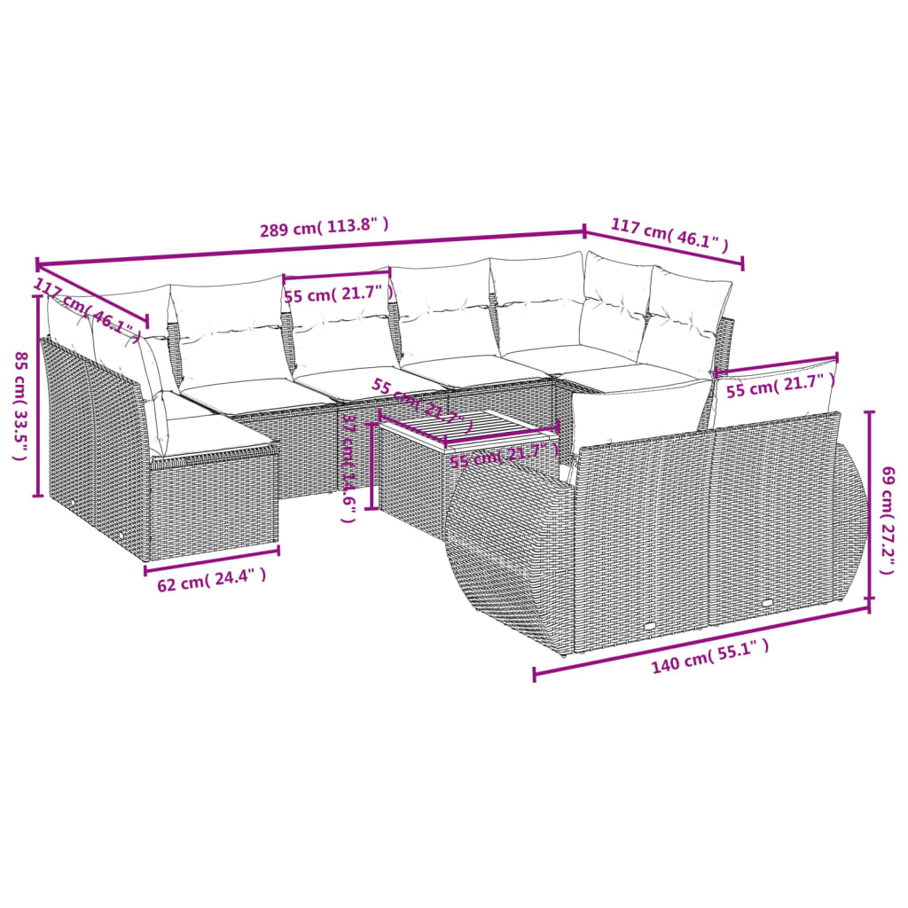 Set mobilier de grădină cu perne, 10 piese, gri, poliratan