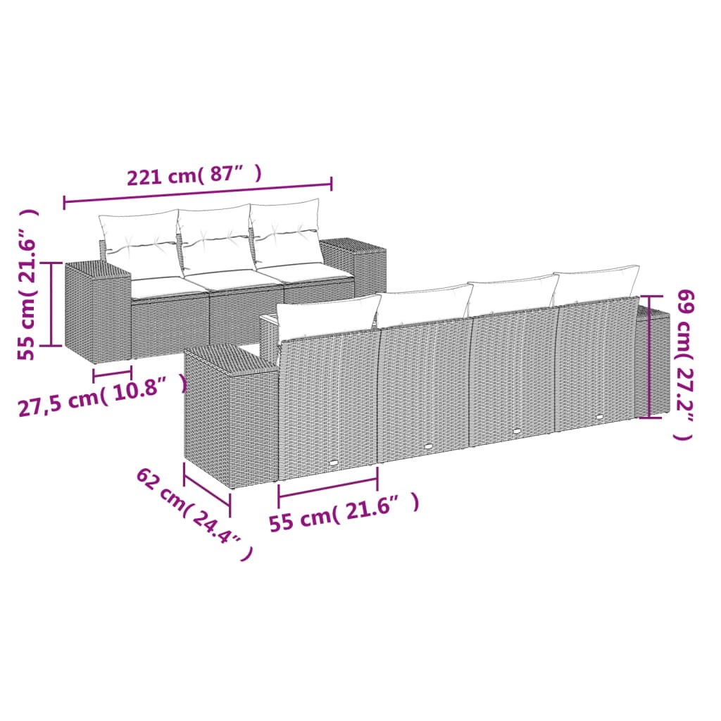 Set canapele de grădină cu perne, 8 piese, gri, poliratan