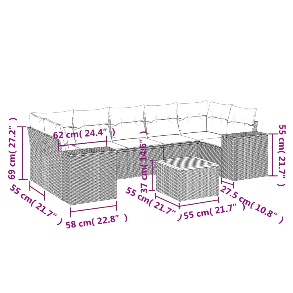 Set mobilier de grădină cu perne, 8 piese, negru, poliratan