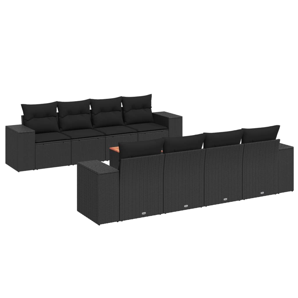 Set mobilier de grădină cu perne, 9 piese, negru, poliratan