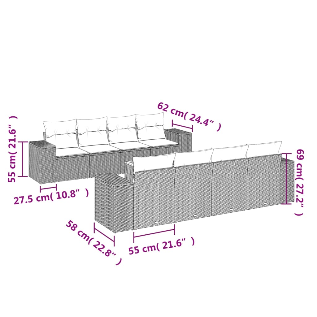 Set mobilier de grădină cu perne, 9 piese, negru, poliratan