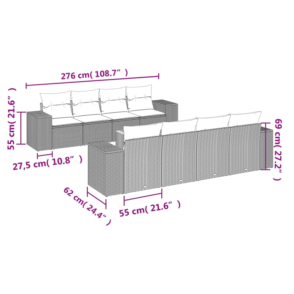 Set canapele de grădină, 9 piese, cu perne, gri, poliratan