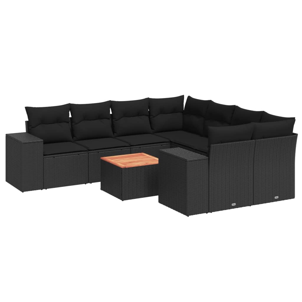 Set mobilier de grădină cu perne, 9 piese, negru, poliratan