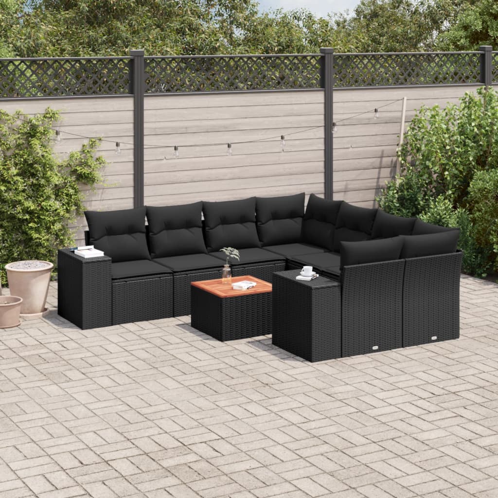 Set mobilier de grădină cu perne, 9 piese, negru, poliratan