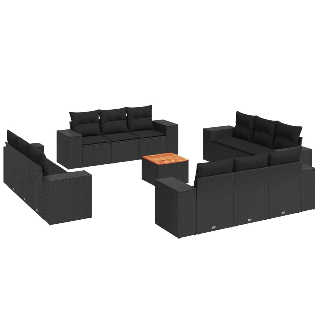 Set mobilier de grădină cu perne, 13 piese, negru, poliratan