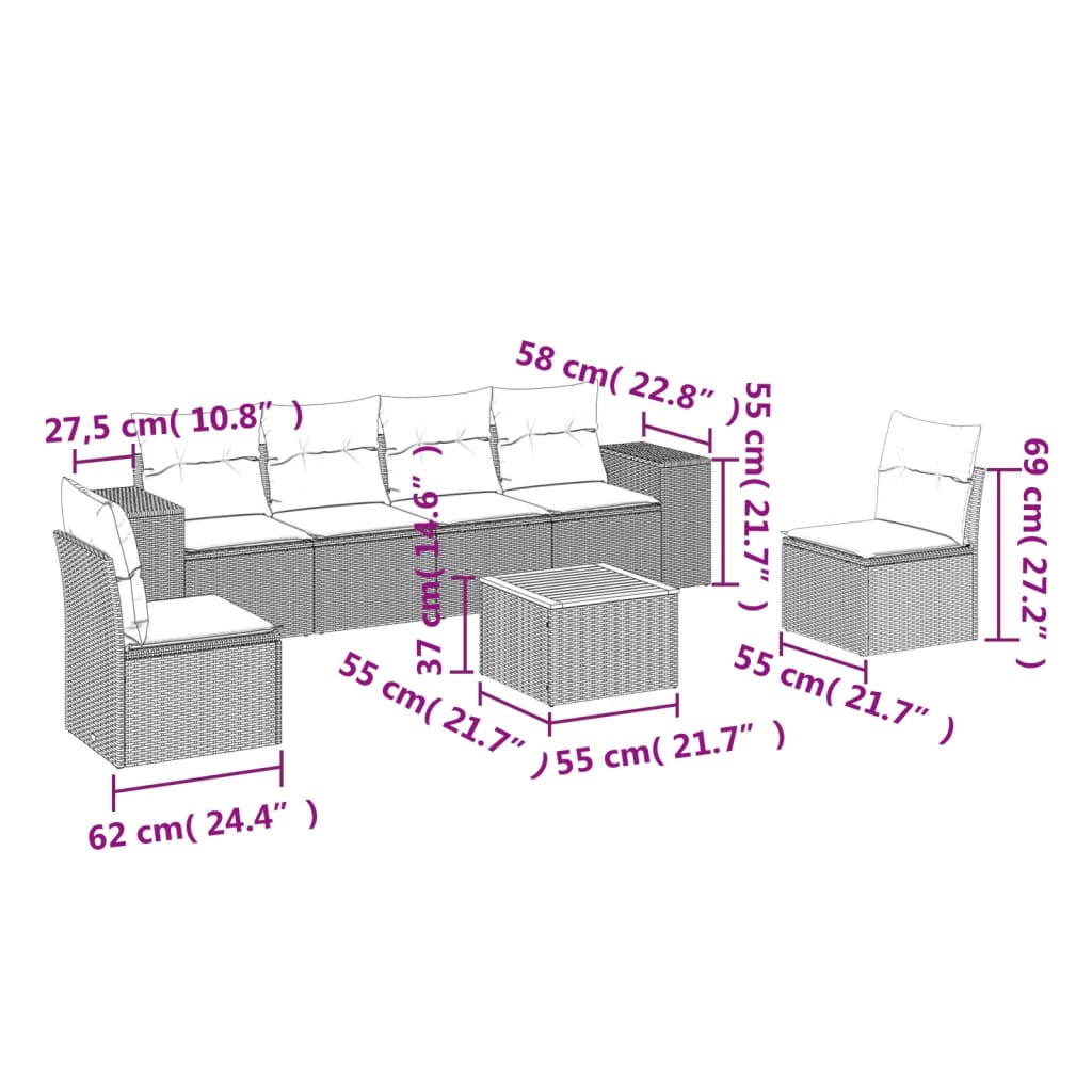 Set canapele de grădină cu perne, 7 piese, negru, poliratan