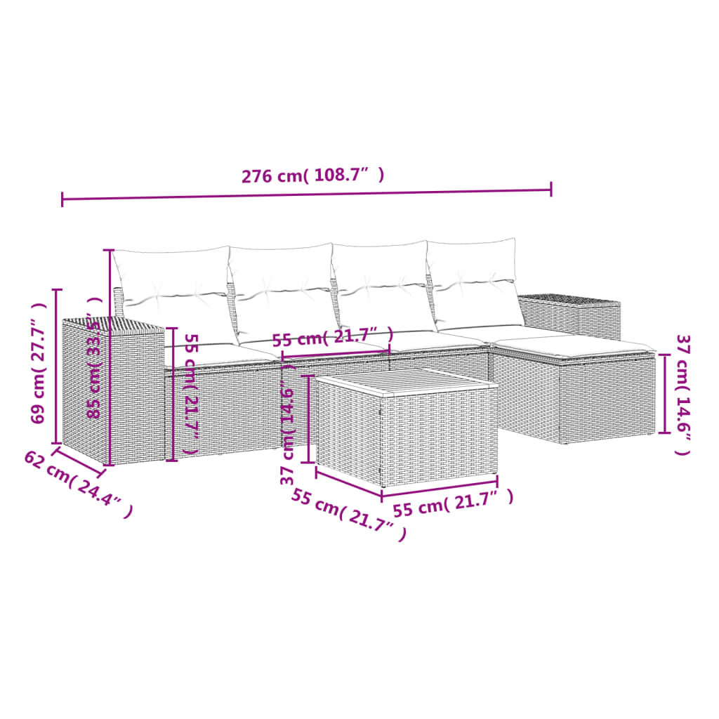 Set mobilier de grădină cu perne, 6 piese, negru, poliratan