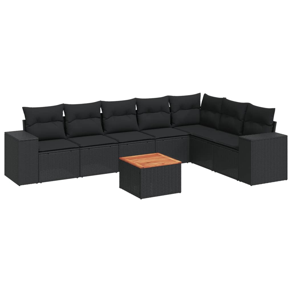 Set mobilier de grădină cu perne, 8 piese, negru, poliratan