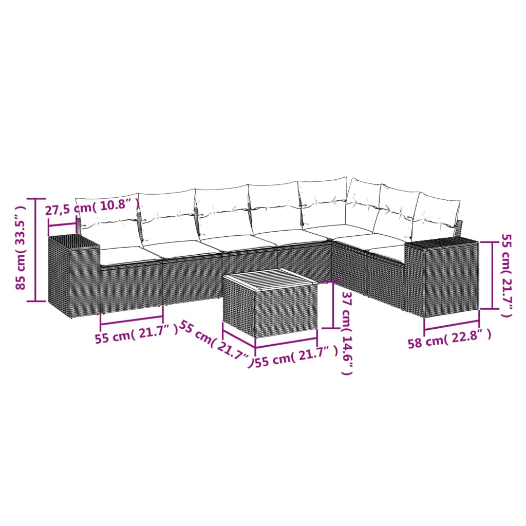 Set mobilier de grădină cu perne, 8 piese, negru, poliratan