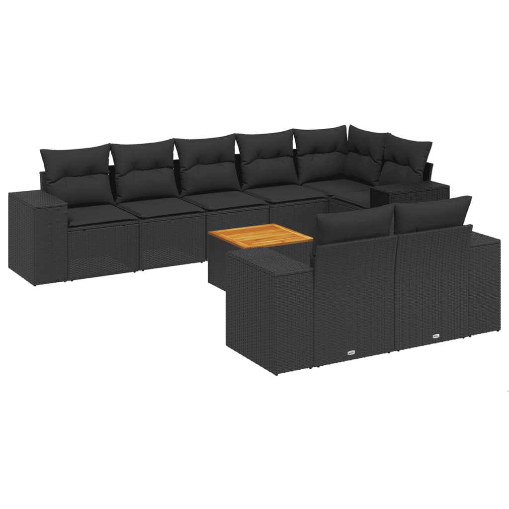 Set mobilier de grădină cu perne, 9 piese, negru, poliratan