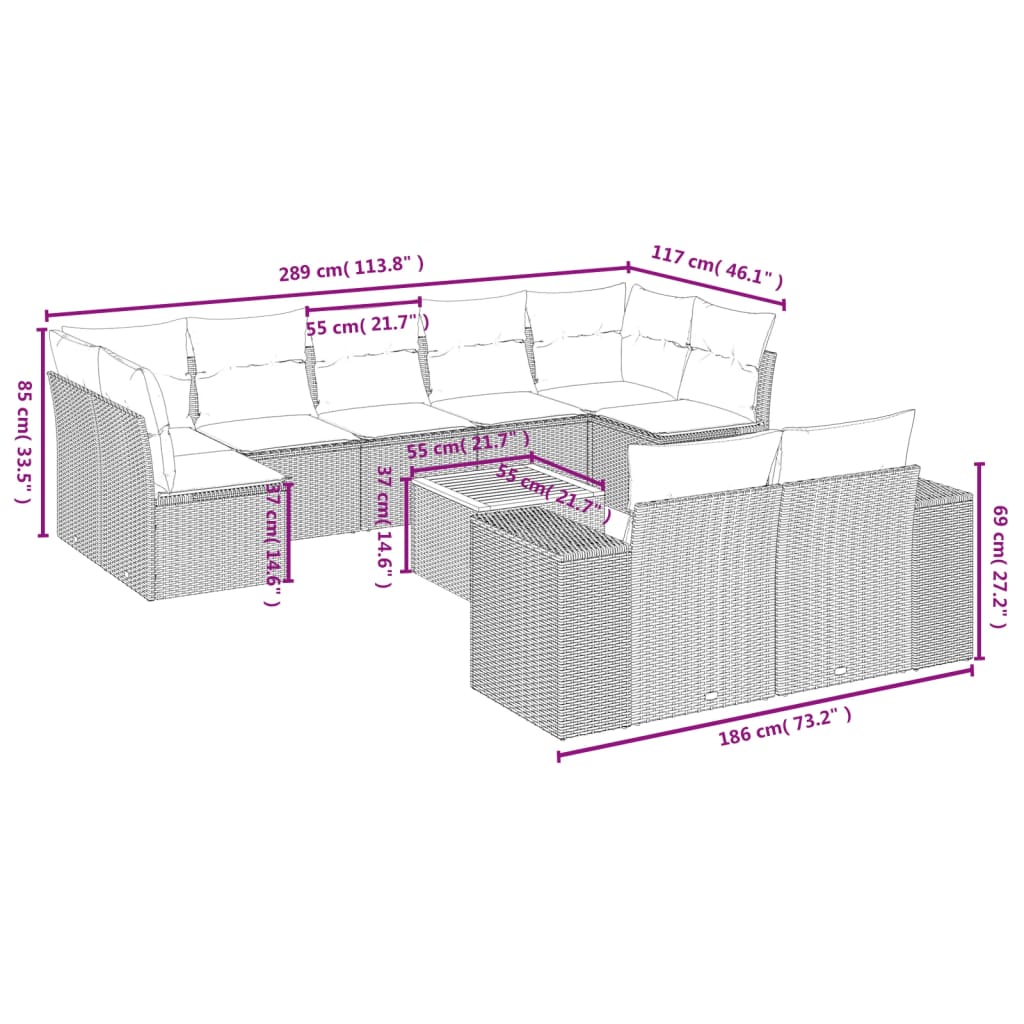 Set mobilier de grădină cu perne, 10 piese, gri, poliratan