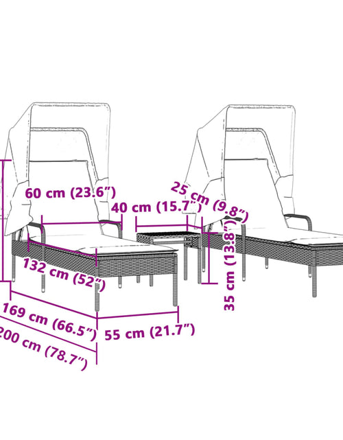 Încărcați imaginea în vizualizatorul Galerie, Șezlonguri, 2 buc., cu baldachine și masă, maro, poliratan
