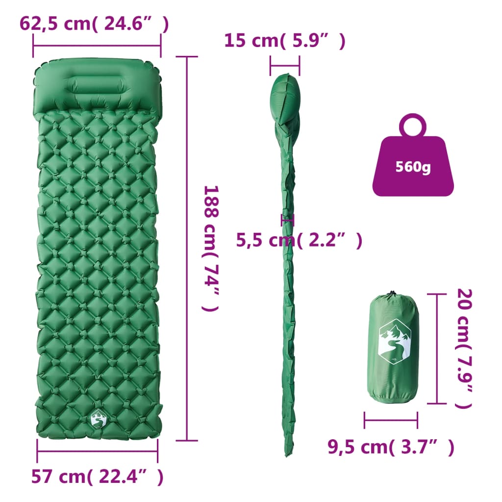 Saltea de camping gonflabilă, cu pernă, 1 persoană, verde