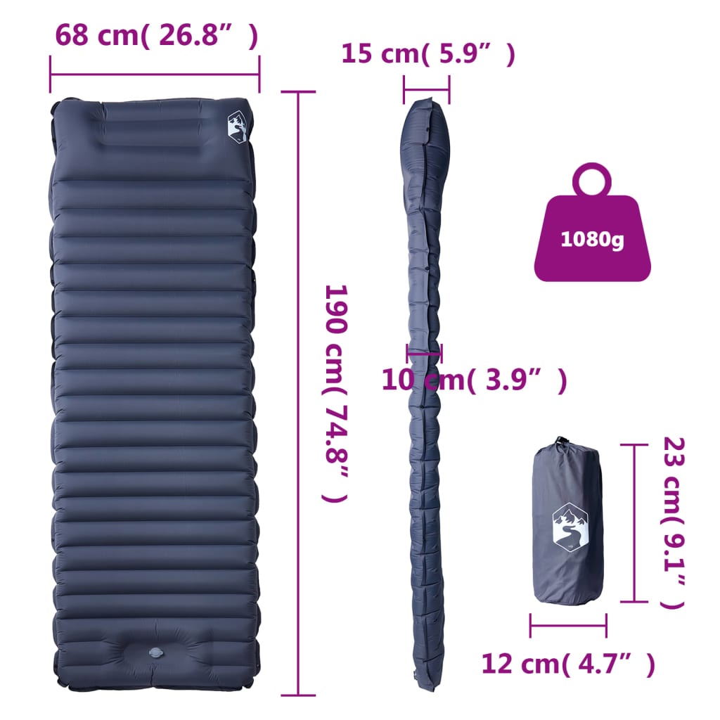 Saltea de camping auto-gonflabilă, cu pernă, 1 persoană, gri