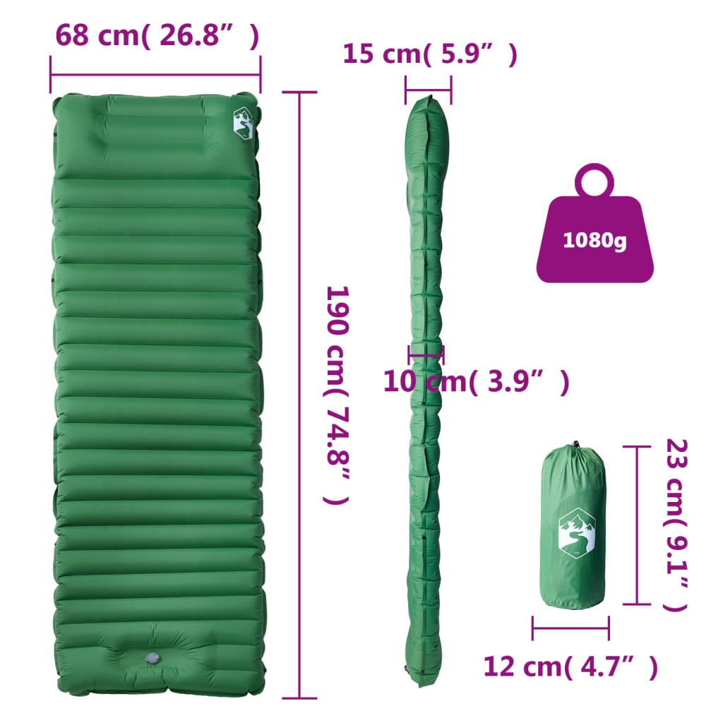 Saltea camping auto-gonflabilă, cu pernă, 1 persoană, verde