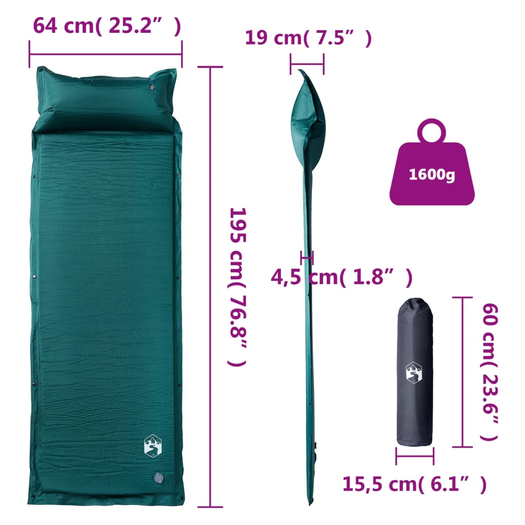 Saltea camping auto-gonflabilă, cu pernă, 1 persoană, verde