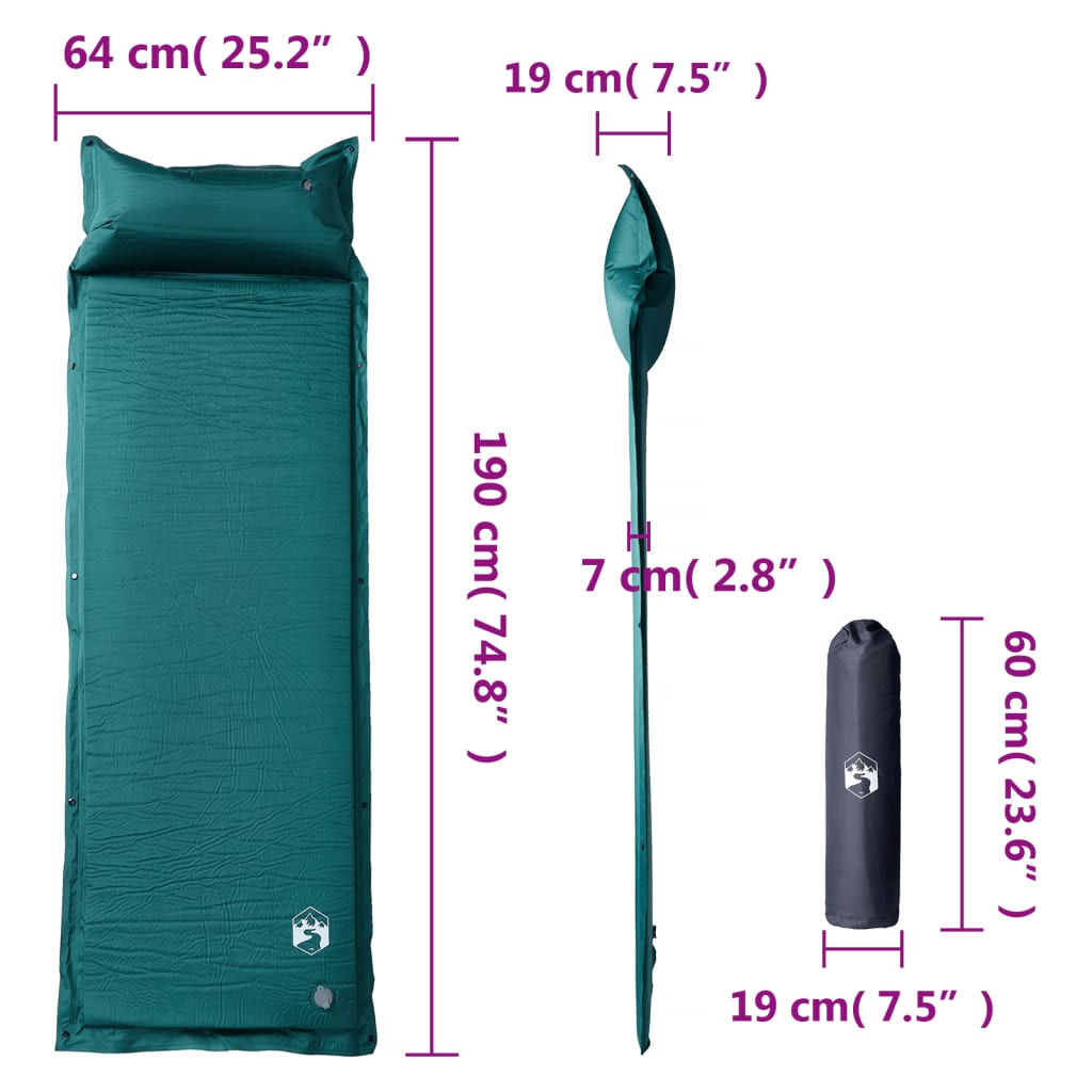 Saltea camping auto-gonflabilă, cu pernă, 1 persoană, verde