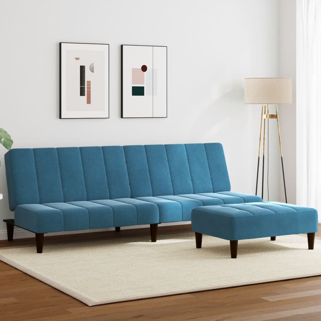 Canapea extensibilă cu 2 locuri și taburet, albastru, catifea