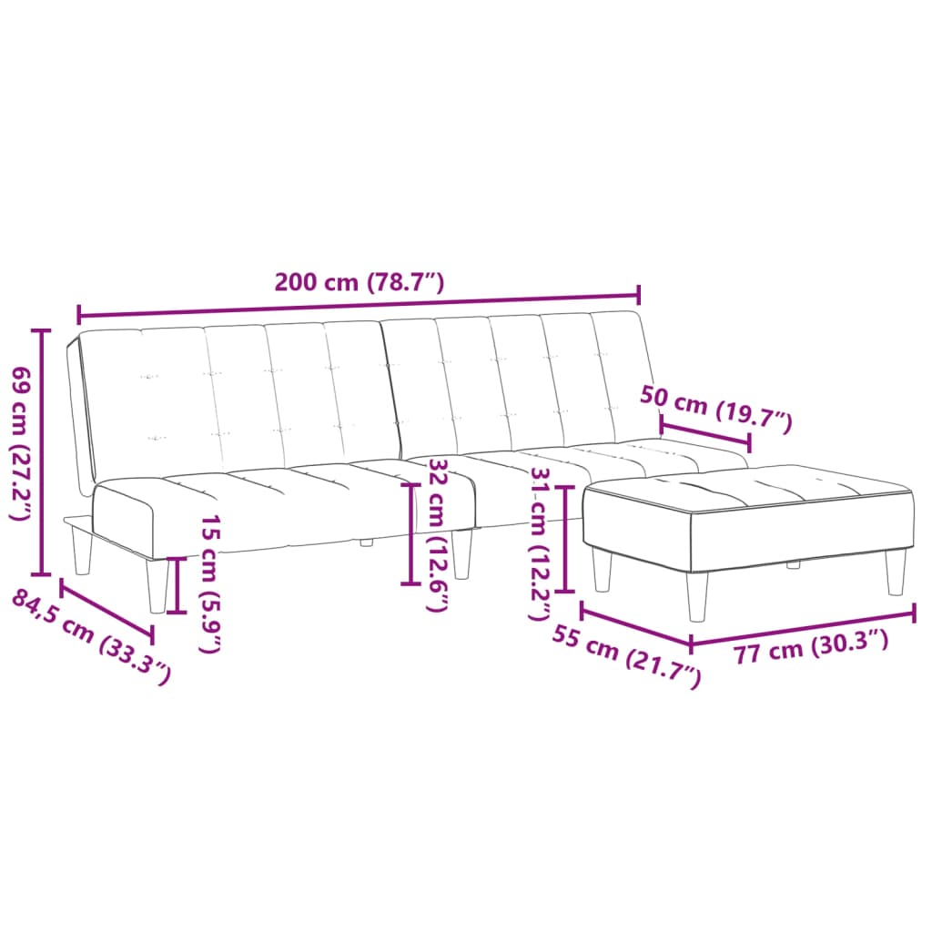 Canapea extensibilă cu taburet, 2 locuri, gri deschis, catifea