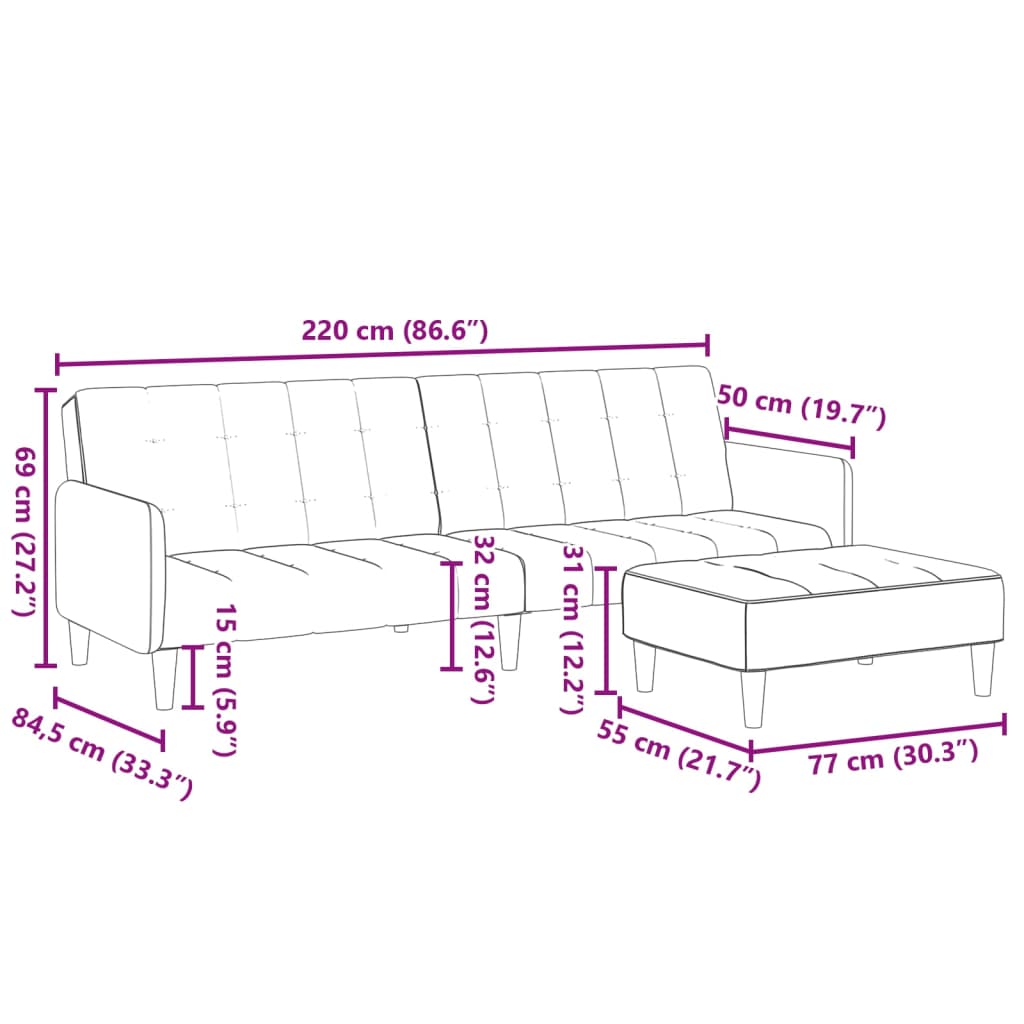 Canapea extensibilă cu taburet, 2 locuri, gri deschis, catifea