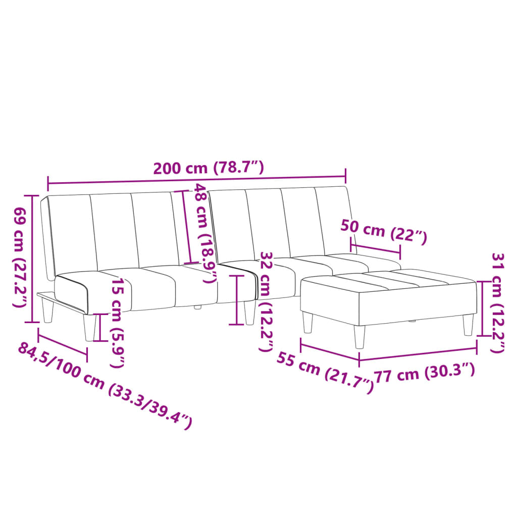 Canapea extensibilă cu taburet, 2 locuri, gri deschis, textil