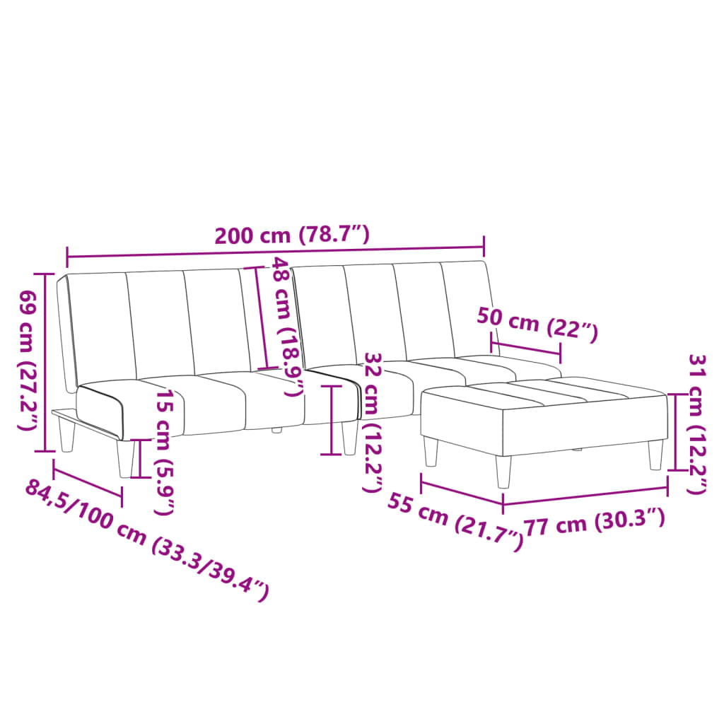 Canapea extensibilă cu taburet, 2 locuri, gri închis, textil