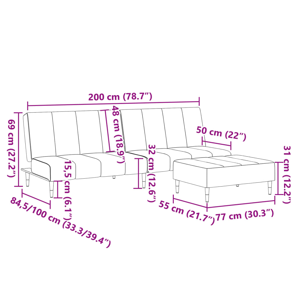 Canapea extensibilă cu taburet, 2 locuri, gri închis, catifea