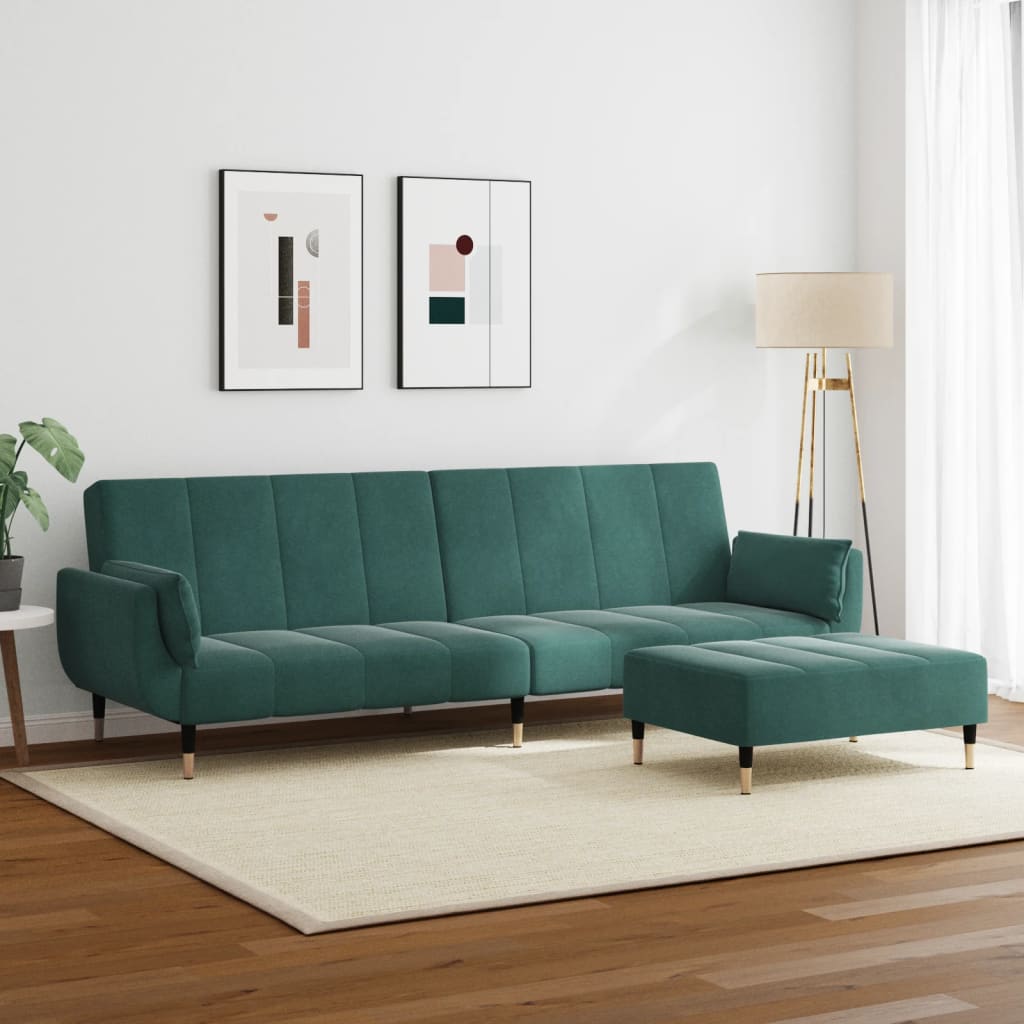 Canapea extensibilă cu taburet, 2 locuri, verde închis, catifea